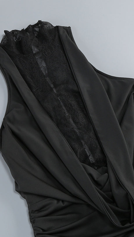 BLACK HALTER NECK LACE - BACK MAXI DRESS WITH GLOVES