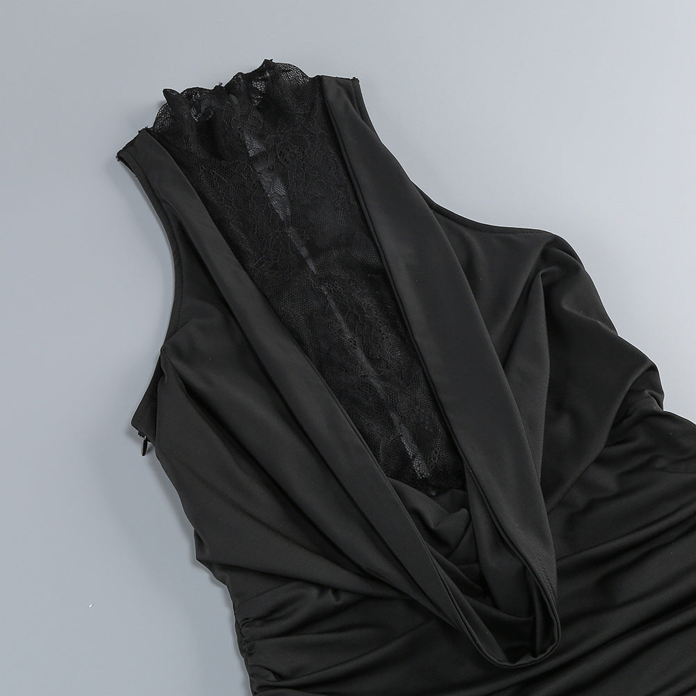 AIIZIE BLACK HALTER NECK LACE - BACK MAXI DRESS WITH GLOVES - product image