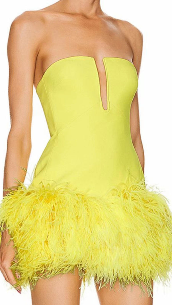 AIIZIE DEEP V TUBE TOP OSTRICH FEATHER HIP-WRAPPED MINI DRESS YELLOW - product image