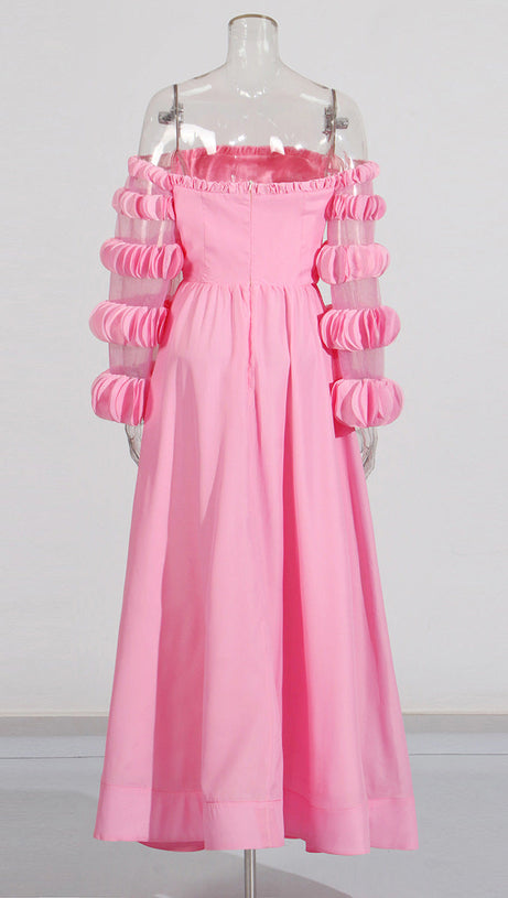 PETALS STRAPLESS TULLE MAXI DRESS IN PINK