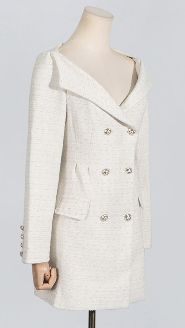 STEPHANIE WHITE BOUCLE BLAZER MINI DRESS