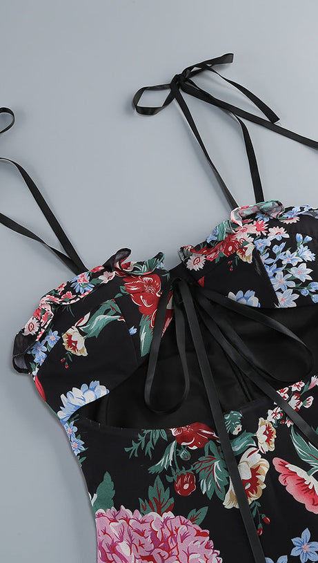 CARLIN FLORAL PRINT CUTOUT LAYER MAXI DRESS