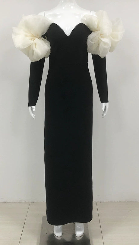 BOWKNOT FLORAL-SHAPE EMBELLISHED MAXI DRESS IN BLACK