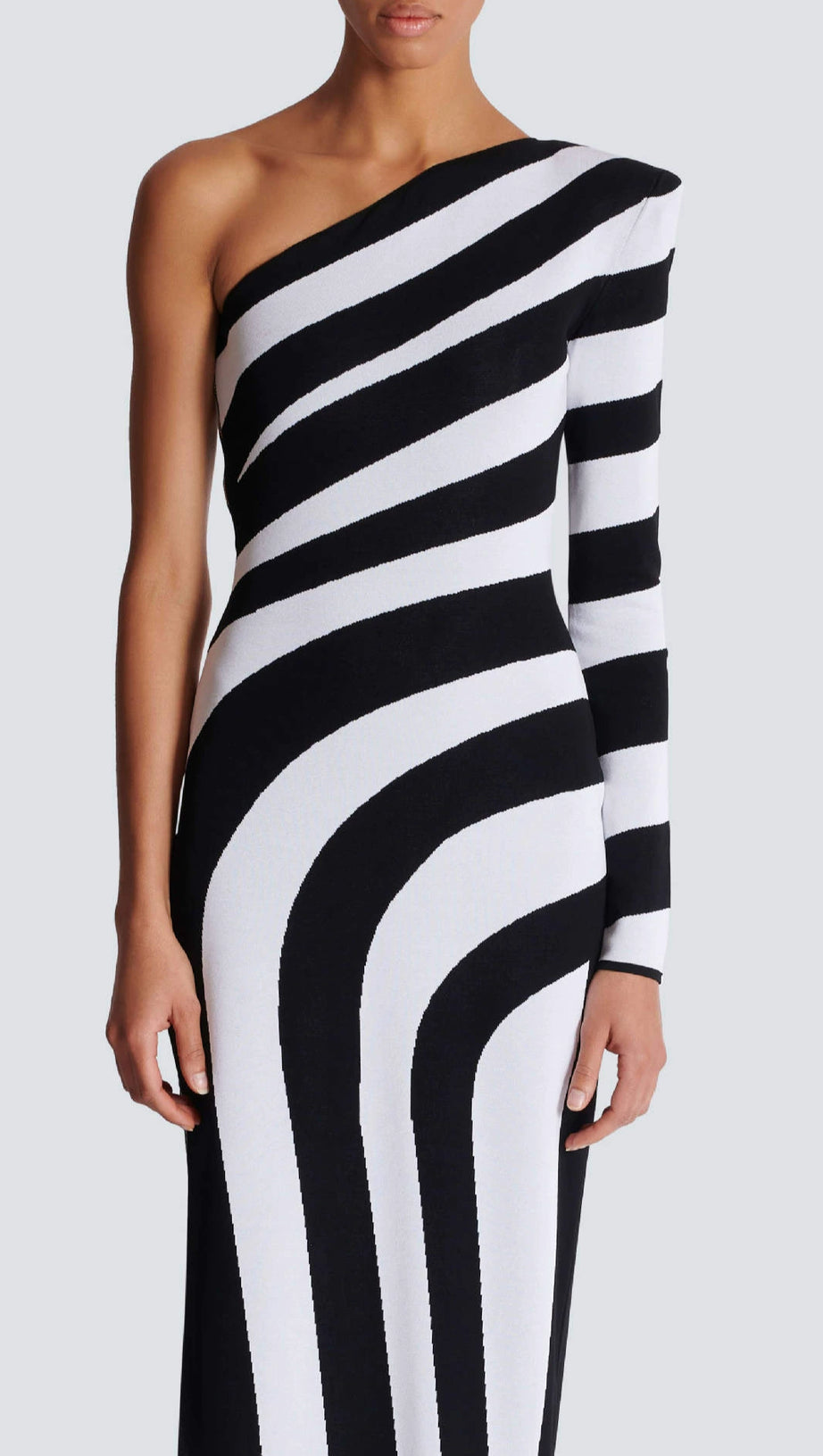 XAVIERA ASYMMETRICAL STRIPED KNIT MAXI DRESS