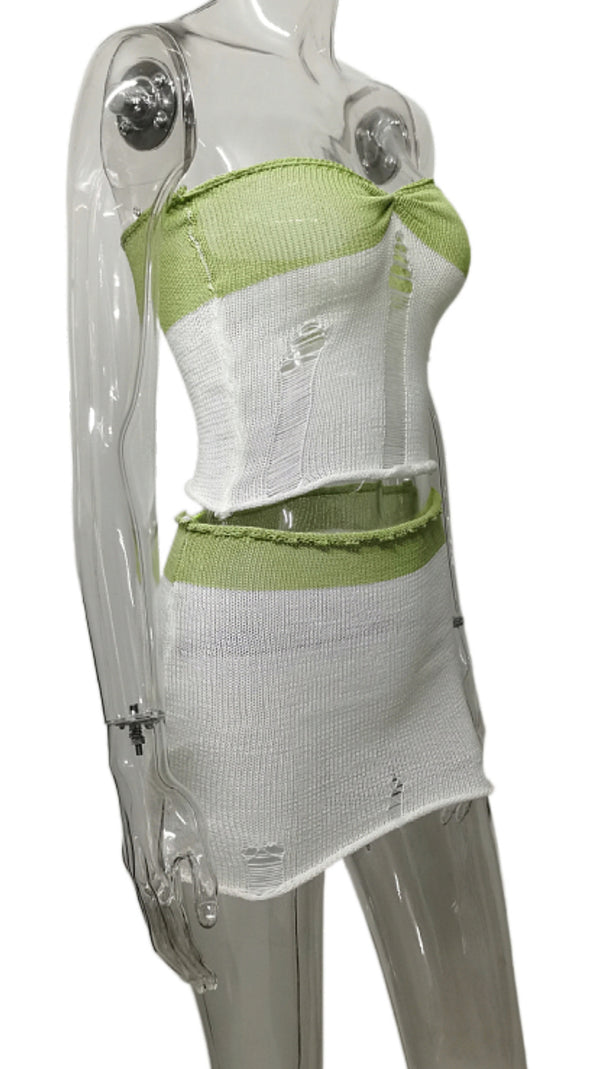 AIIZIE GREEN COLOR - BLOCKED BUSTIER KNITTED SET - product image