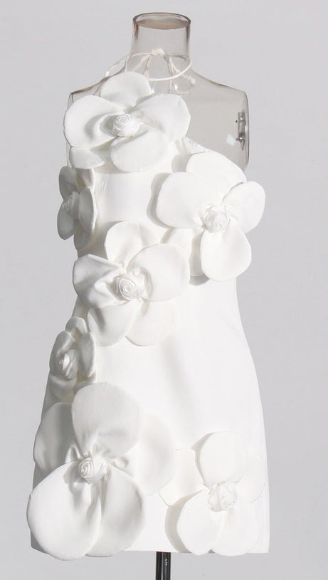 EMILY FLOWER HALTER NECK MINI DRESS IN WHITE