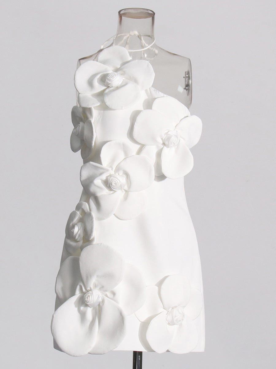 AIIZIE EMILY FLOWER HALTER NECK MINI DRESS IN WHITE - product image