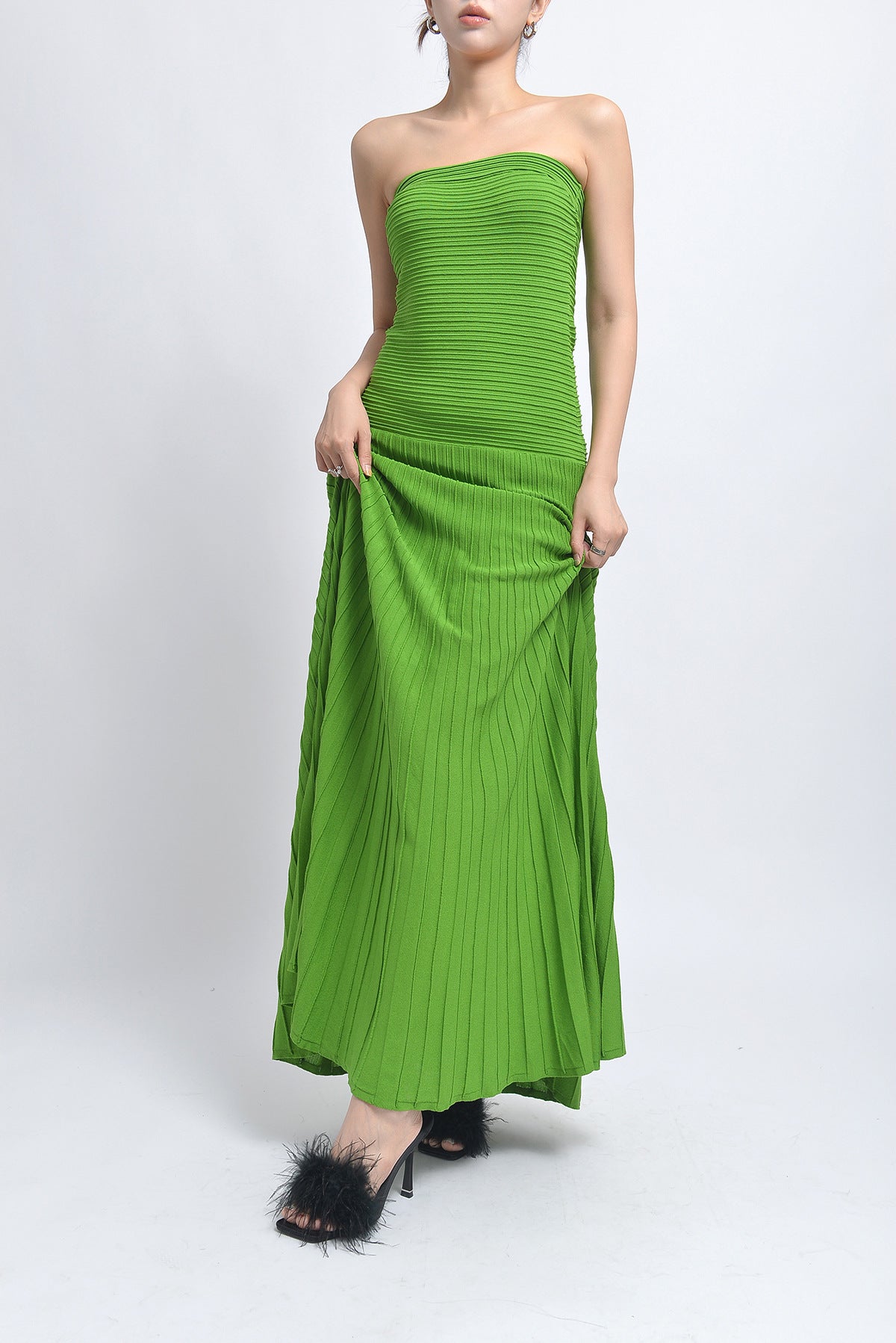 pleated belt chiffon strapless maxi dress in green