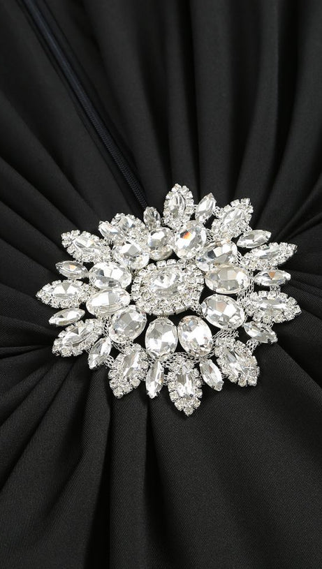 BERNICE LONG SLEEVE DRAPED EMBELLISHED MAXI DRESS IN BLACK