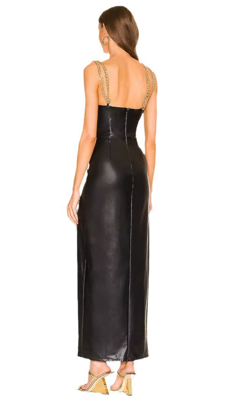BLACK FAUX LEATHER CHAIN - STRAP MAXI DRESS
