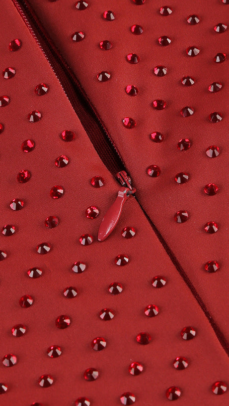 DIAMOND EMBELLISHED PLEATED MIDI DRESS IN MERLOT