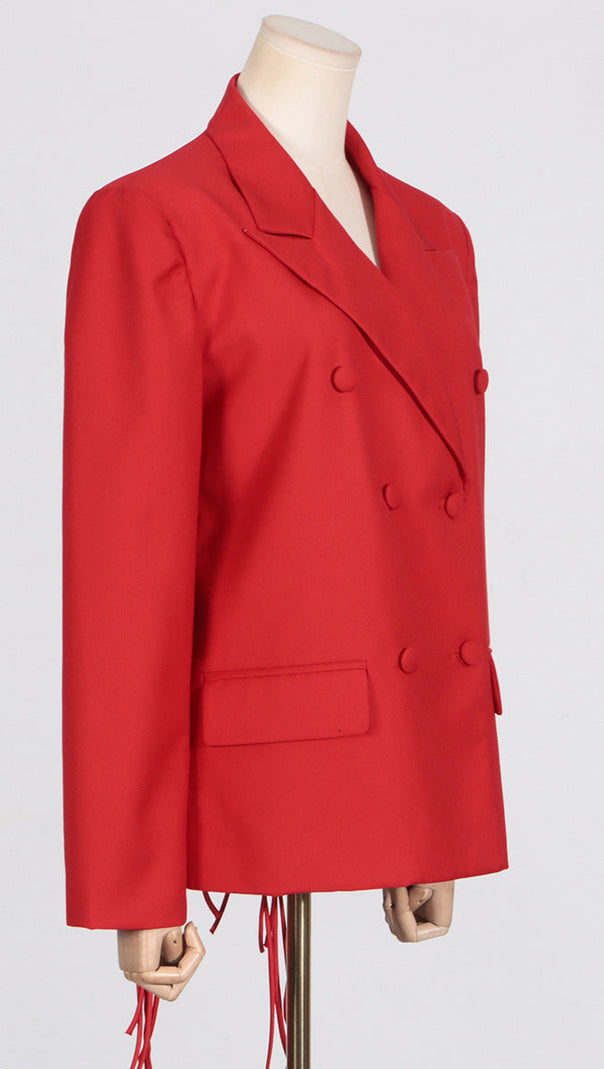 AIIZIE VIENNA CUTOUT FRINGE BACKLESS BLAZER IN RED - product image