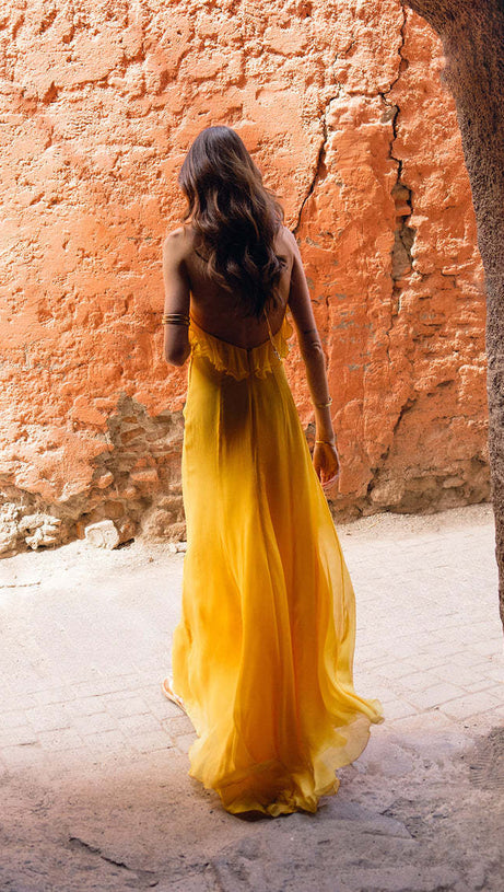 YELLOW HALTER NECK RUFFLED CHIFFON MAXI DRESS