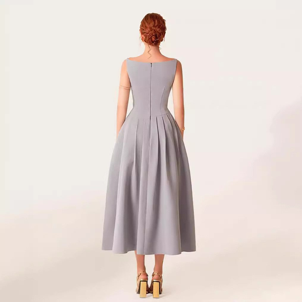 AIIZIE SLEEVELESS PLEATED SLIT MIDI DRESS IN GRAY - product image