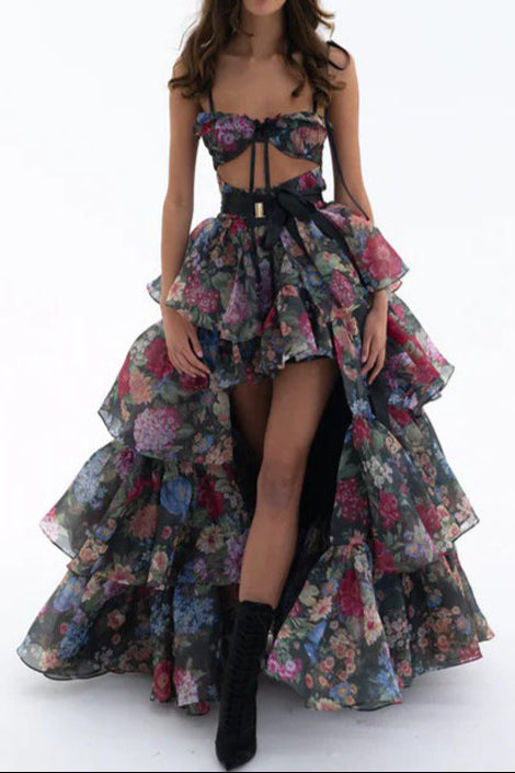 CARLIN FLORAL PRINT CUTOUT LAYER MAXI DRESS