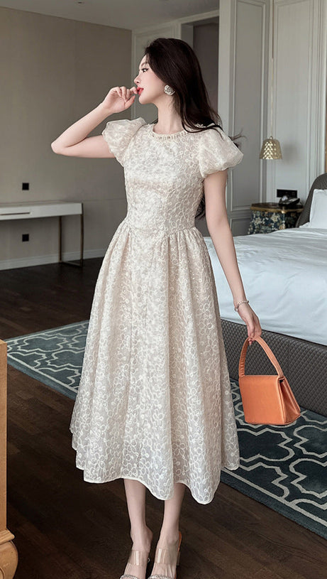 pearl neck Puff sleeve flared lace maxi dress - apricot