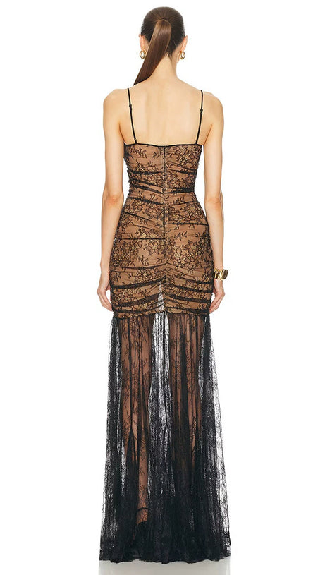 FLORAL PRINT LACE MAXI DRESS IN BLACK