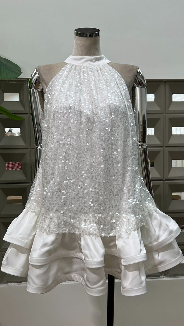 AIIZIE GEMMA SEQUIN SLEEVELESS BOWKNOT MINI DRESS IN WHITE - product image