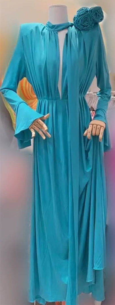 AIIZIE ERIN LANTERN SLEEVE HIGH COLLAR FLOWER SLIT MIDI DRESS IN BLUE - product image
