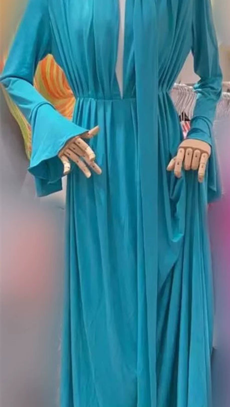 ERIN LANTERN SLEEVE HIGH COLLAR FLOWER SLIT MIDI DRESS IN BLUE