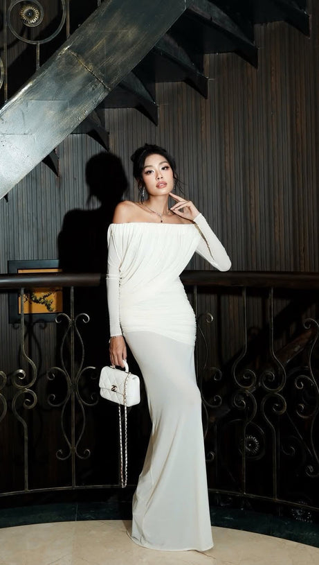 cara Off-shoulder long sleeve pleated mesh maxi dress in white