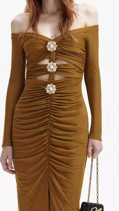 MAUREEN KHAKI JERSEY OFF SHOULDER MIDI DRESS