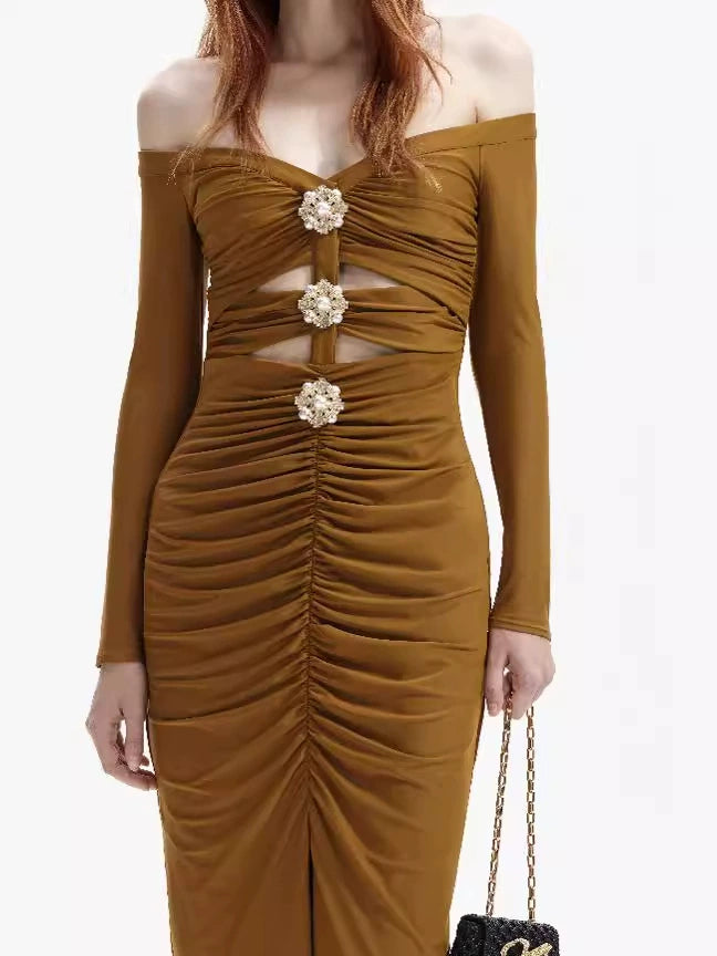 MAUREEN KHAKI JERSEY OFF SHOULDER MIDI DRESS