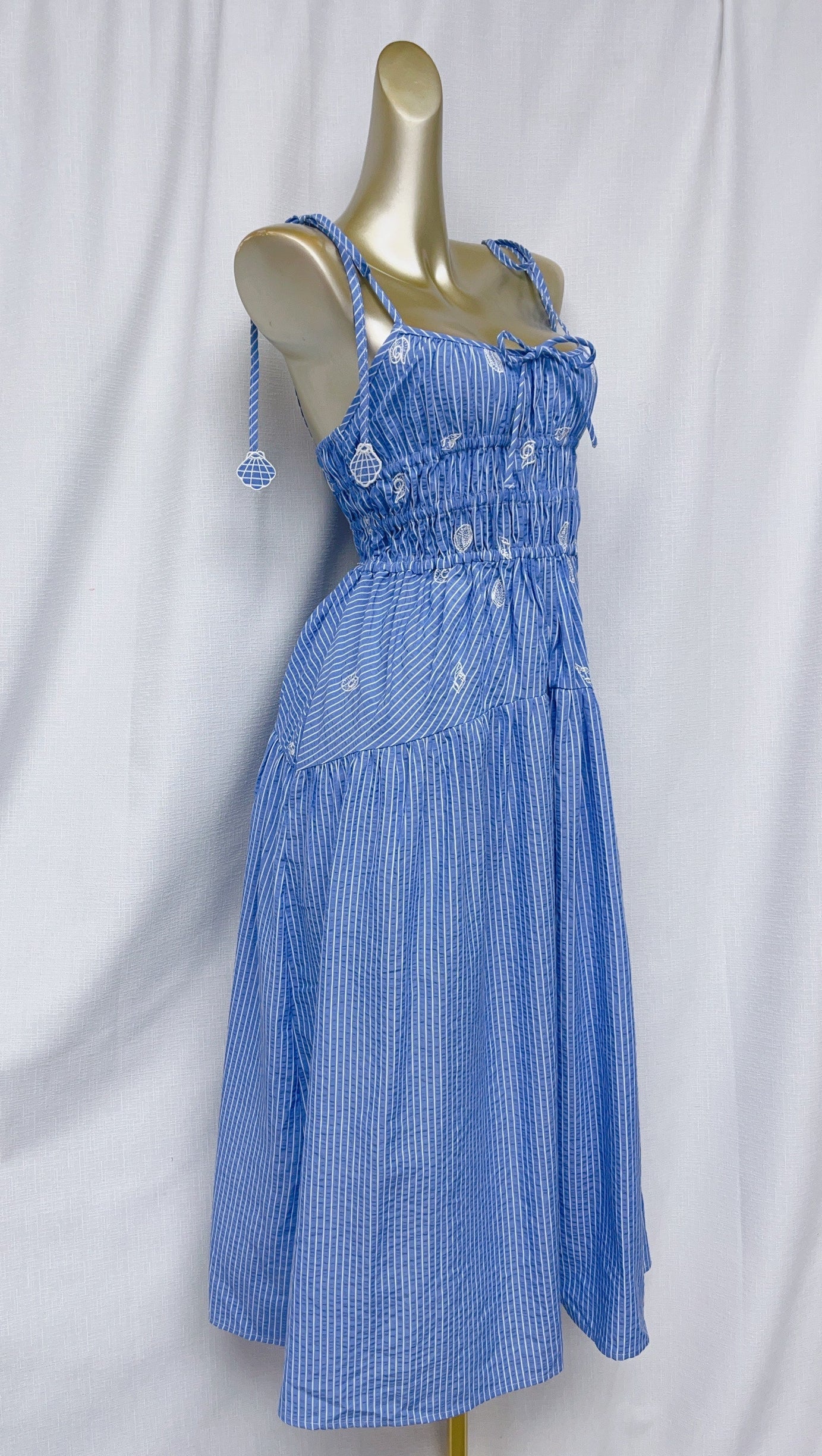 SIMONA EMBROIDERED STRIPES MIDI DRESS IN BLUE