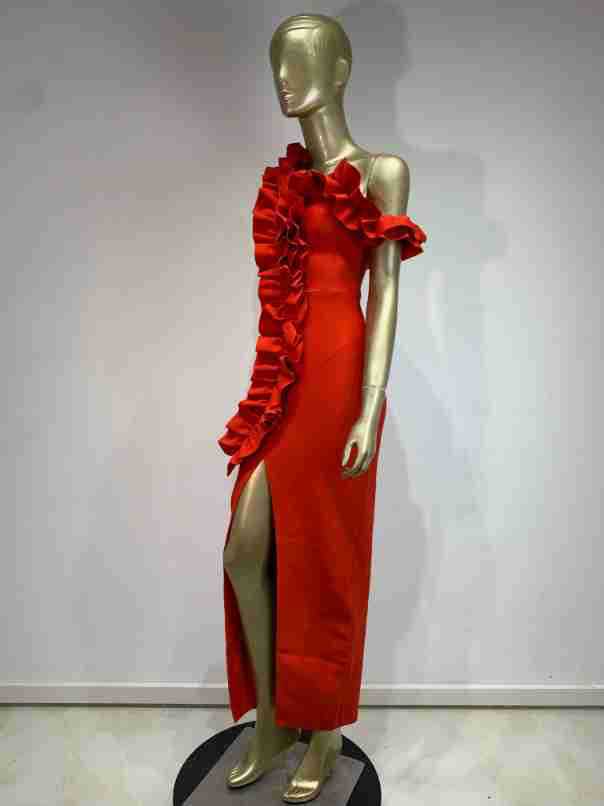 Gerüschtes V-Ausschnitt Schlitz Party Abendkleid Rot