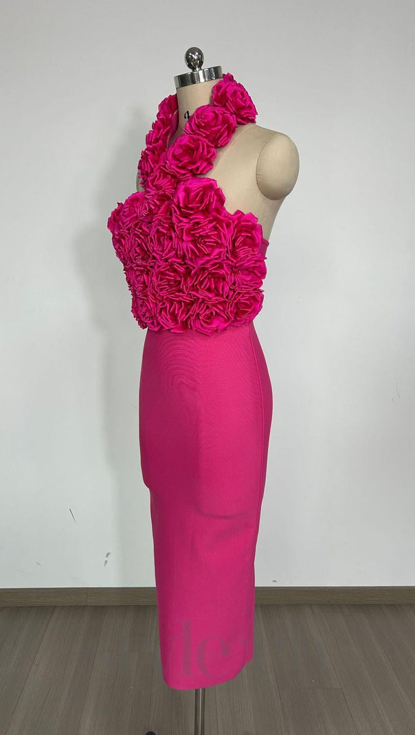 AIIZIE FLOWER BANDAGE MIDI DRESS IN HOT PINK - product image