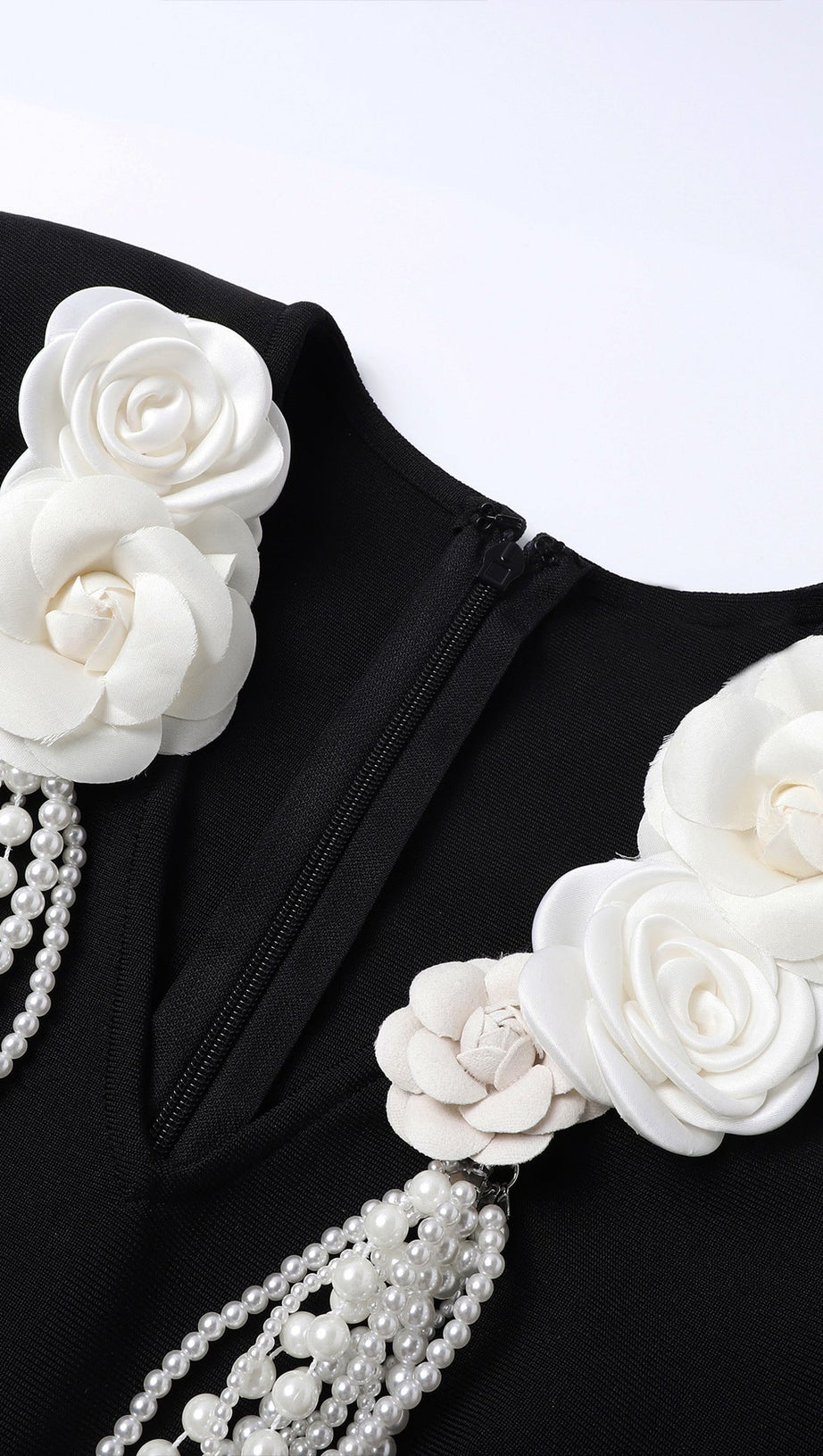 ALISA PEARL FLOWER EMBELLISHED BANDAGE MINI DRESS IN BLACK