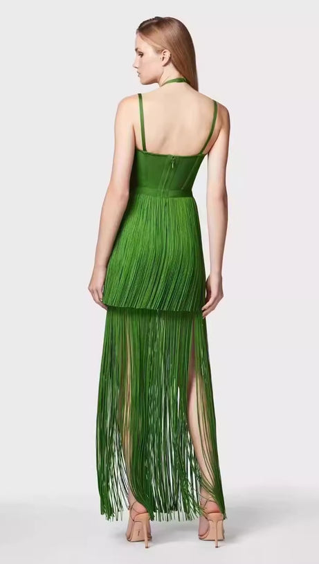GREEN HALTER MAXI DRESS WITH FRINGE HEM EVENING DANCE DRESS