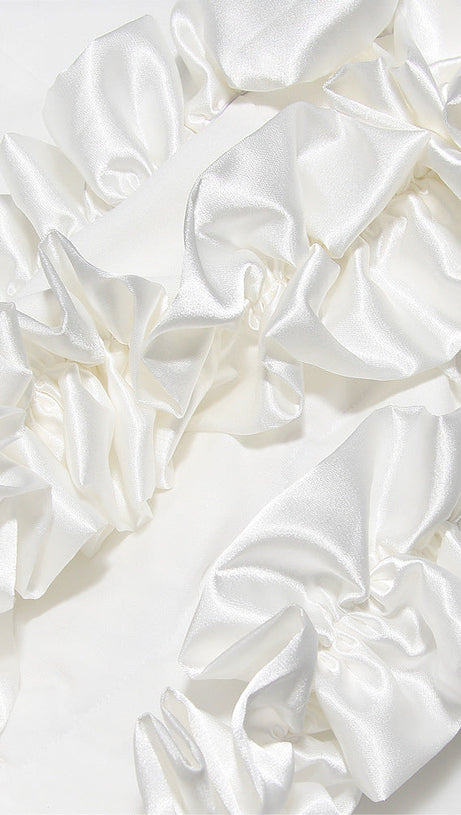 WHITE RUFFLE SATIN DRESS