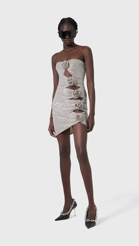 OFF-SHOULDER CRYSTAL-EMBELLISHED MINI DRESS IN SILVER