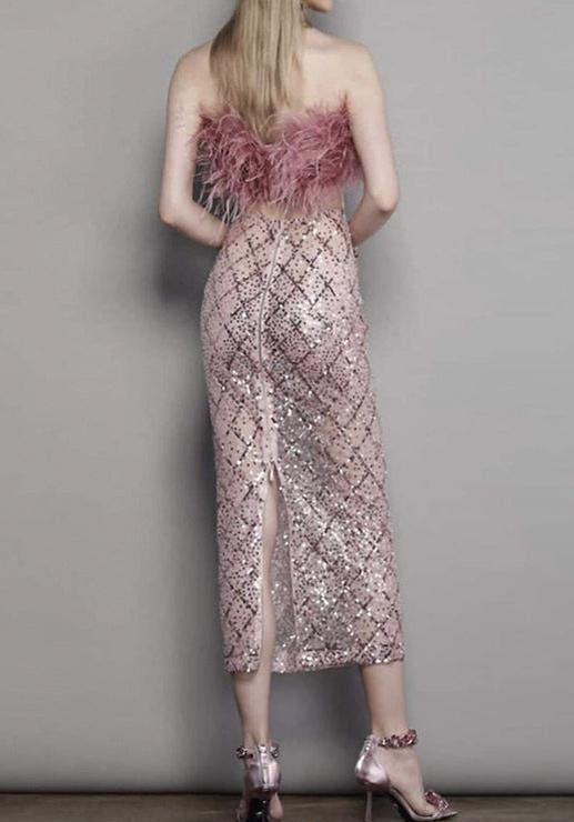 audrey pink feather top sequin Midi Skirt set