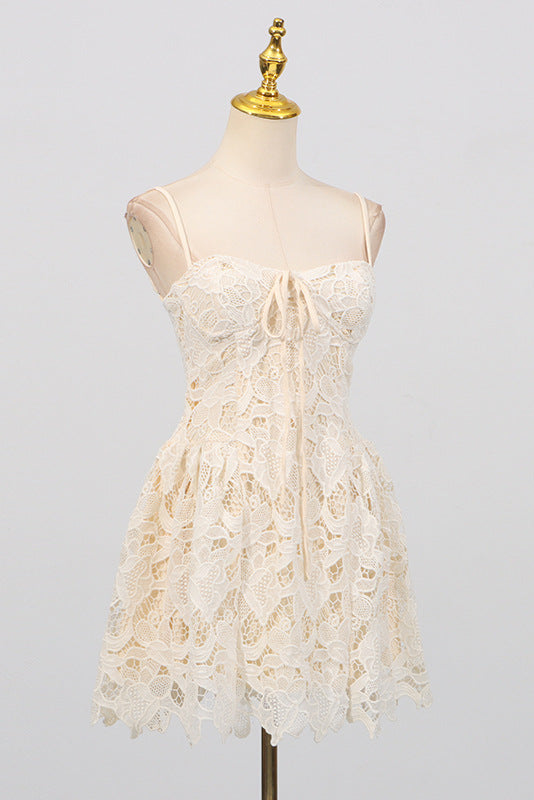 LACE HOLLOW SLEEVELESS MINI DRESS IN YELLOW