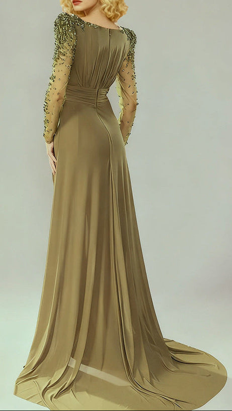 nail bead set with diamonds small trailing long dress olive green