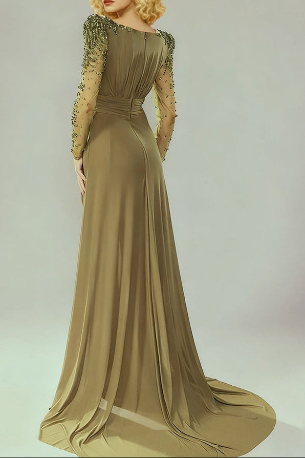 nail bead set with diamonds small trailing long dress olive green