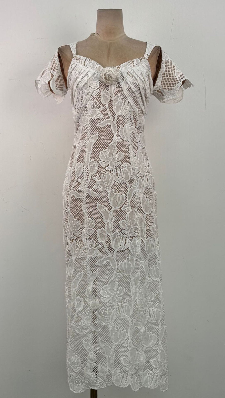 phoenix floral Applique hollow lace Midi Dress - white
