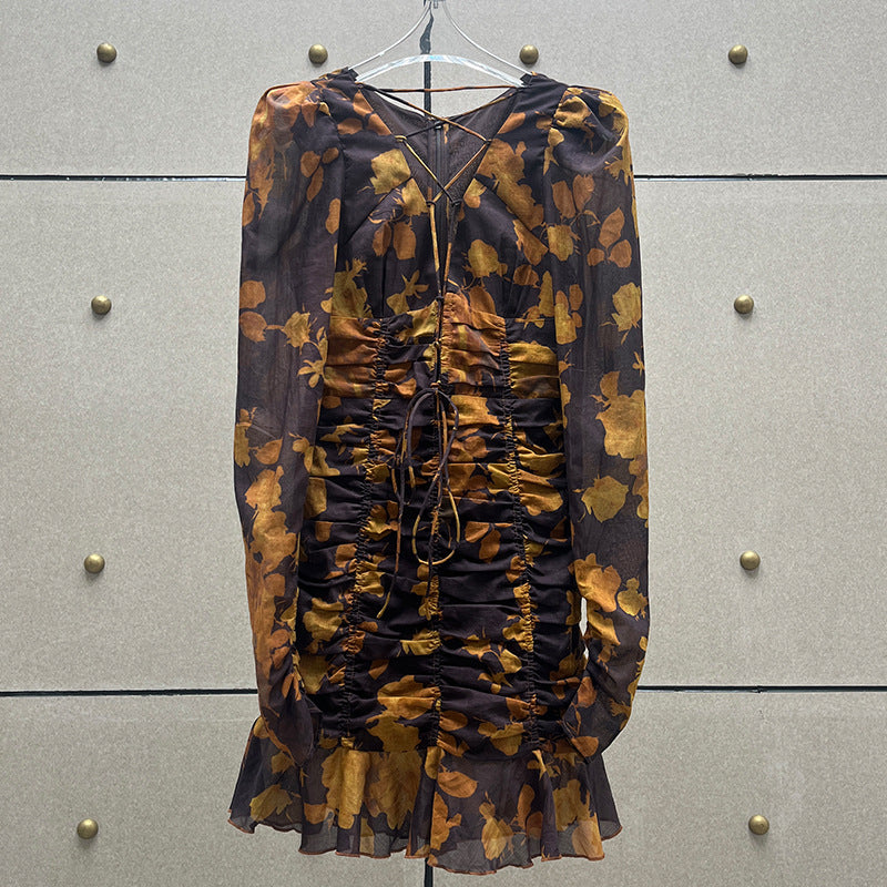 FLORAL PRINT HOLLOW TULLE MINI DRESS IN BROWN