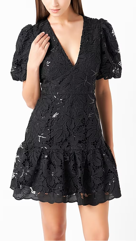 black sequin lace fitted flared mini dress
