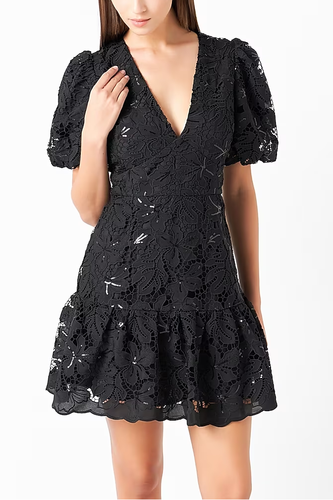 black sequin lace fitted flared mini dress