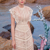A-line sleeveless lace temperament embroidered court midi dress