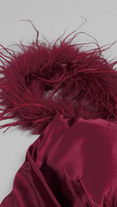 BURGUNDY FEATHER EMBELLISHED STRAPLESS MINI DRESS