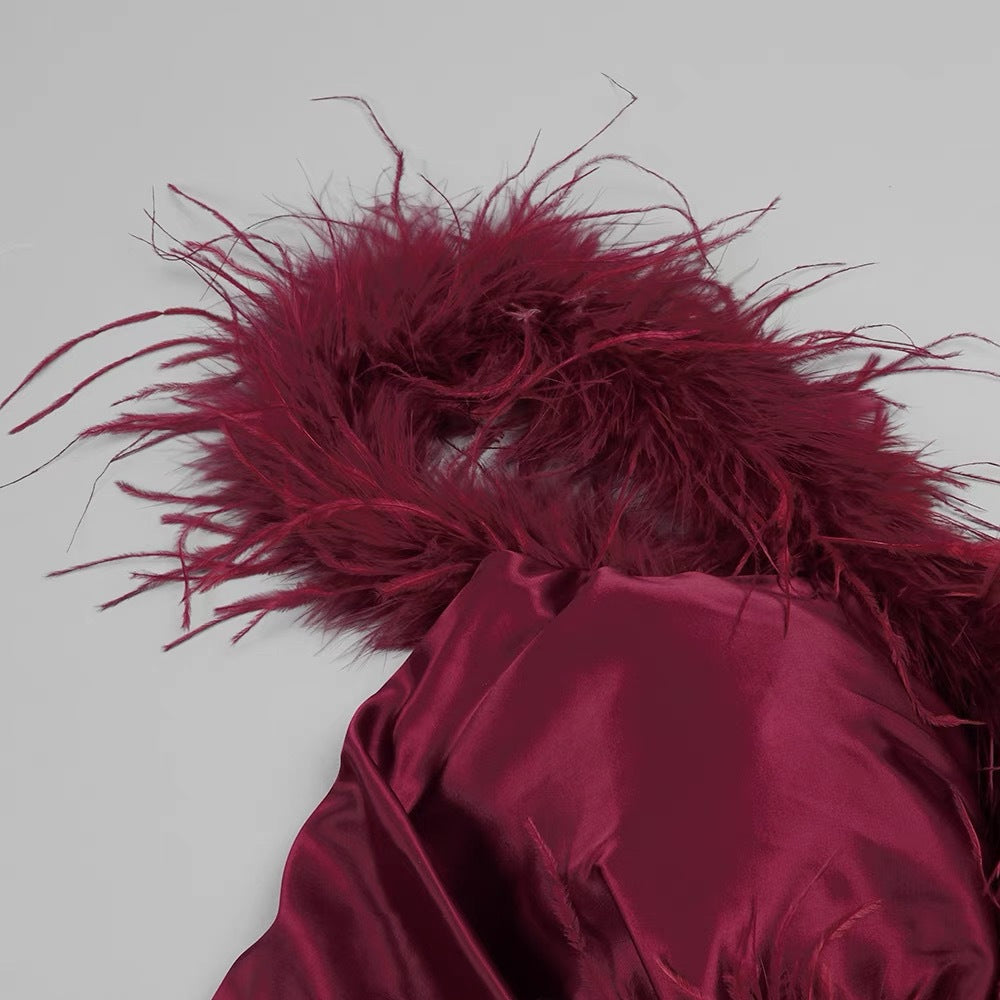 AIIZIE BURGUNDY FEATHER EMBELLISHED STRAPLESS MINI DRESS - product image