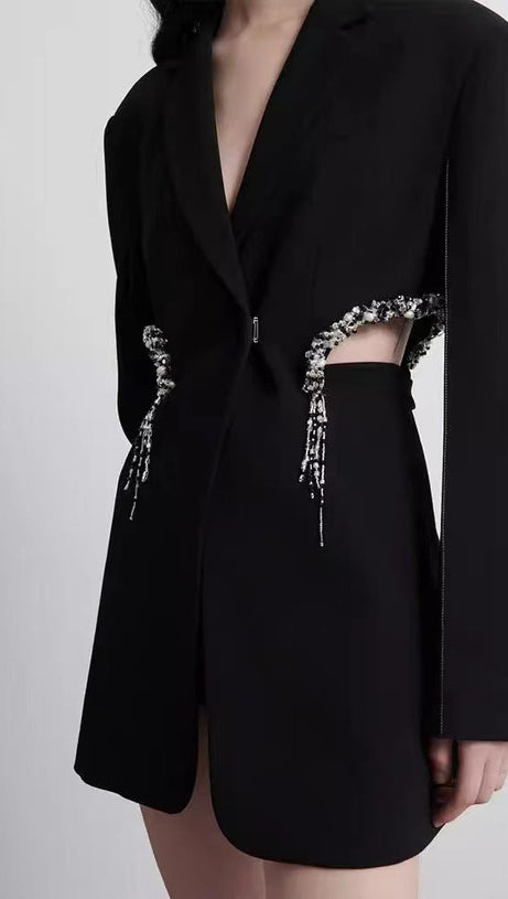 CRYSTAL-EMBELLISHED CUT OUT BLAZER DRESS IN BLACK