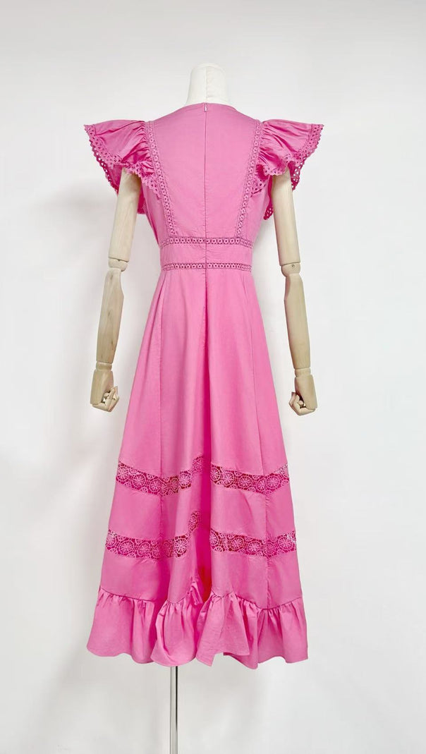 AIIZIE PINK FLYING - SLEEVE LACE - PANELED MIDI DRESS - product image