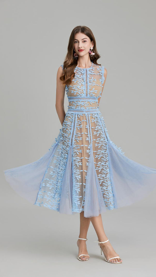 AIIZIE phoenix 3d Embroidered lace mesh midi dress in blue - product image