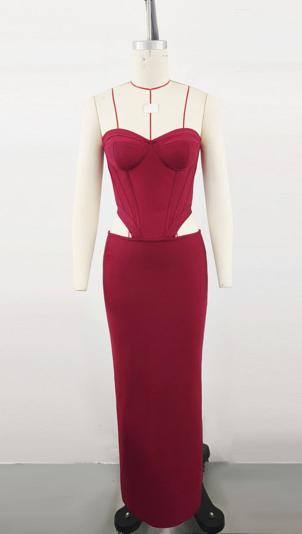 AIIZIE BURGUNDY MIDI DRESS WITH BANDEAU, BONED CORSET DESIGN - product image