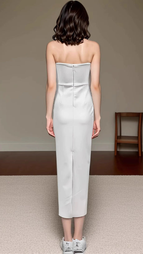 ELLEN 3D FLOWER STRAPLESS BODYCON MAXI DRESS IN WHITE